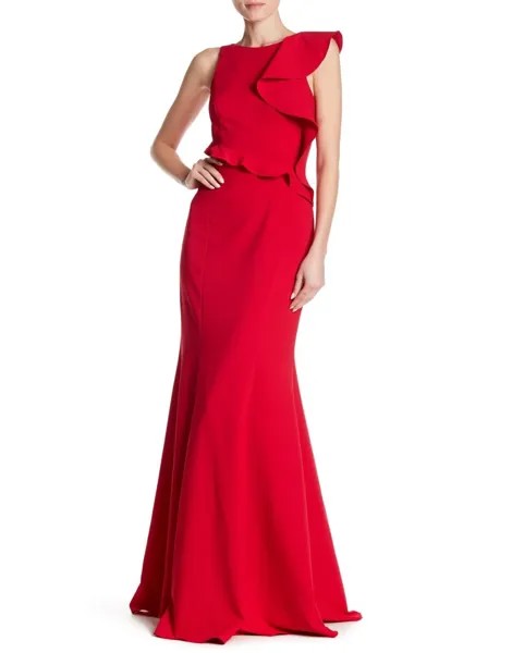 JAY GODFREY Red Rosas Hall Эластичное платье русалки на одно плечо с рюшами 2 США XS