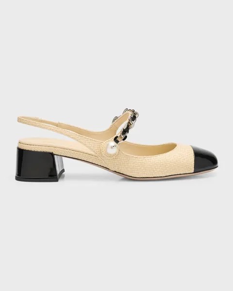 Двухцветные туфли Mary Jane с пяткой на пятке из рафии Miu Miu, цвет Naturale Nero