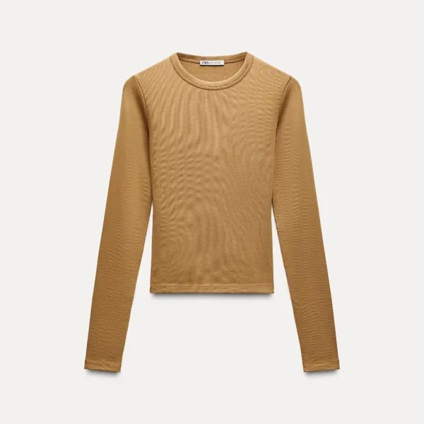Лонгслив Zara Cotton Modal Long Sleeve, светло-коричневый