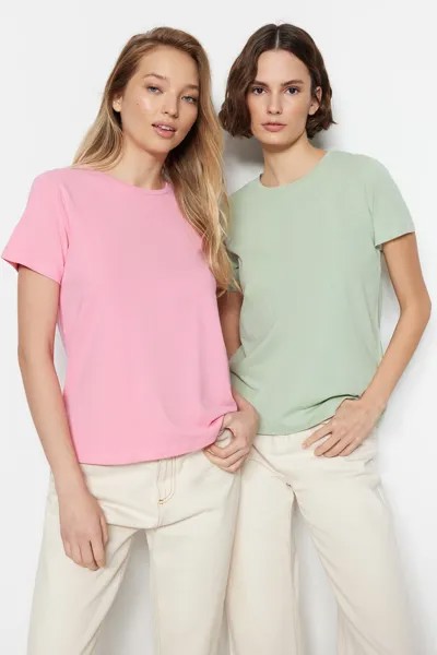 Комплект из двух футболок Trendyol с круглым вырезом, розовый / мятный