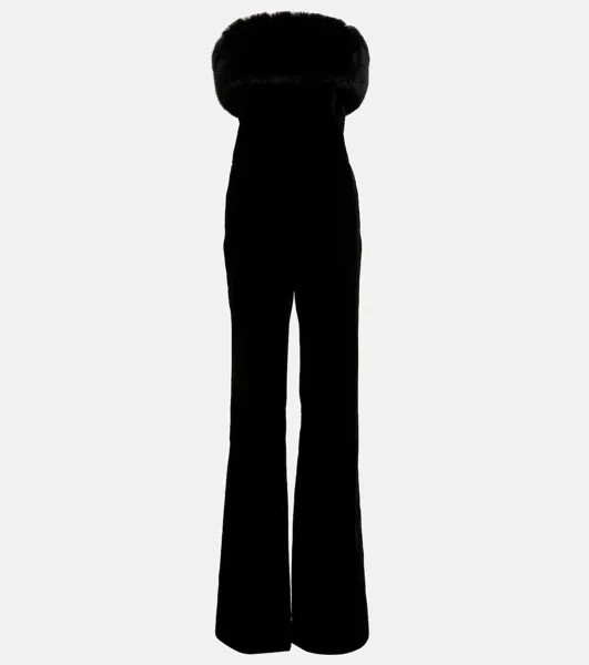 Бархатный комбинезон без животных с меховой отделкой SAINT LAURENT, черный