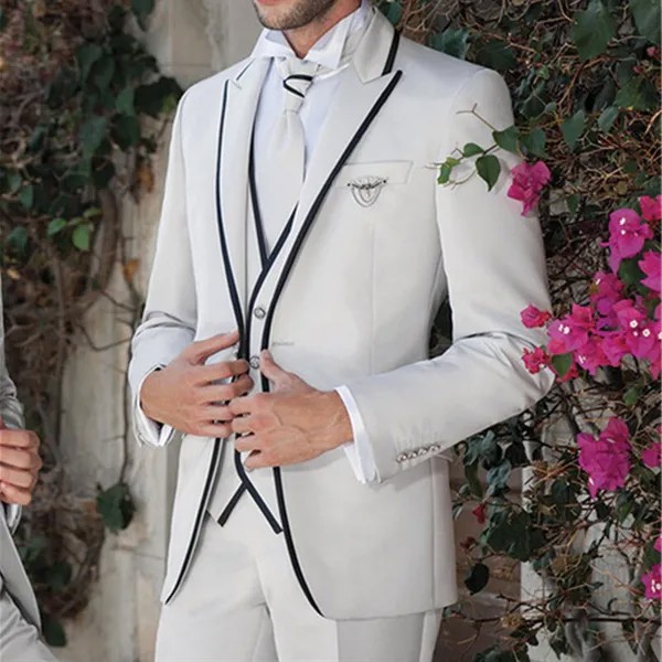 Мужской костюм на заказ, Белый Свадебный черный край, шаль, лацкан, жениха, лучший мужской облегающий официальный смокинг, Повседневный, для ...