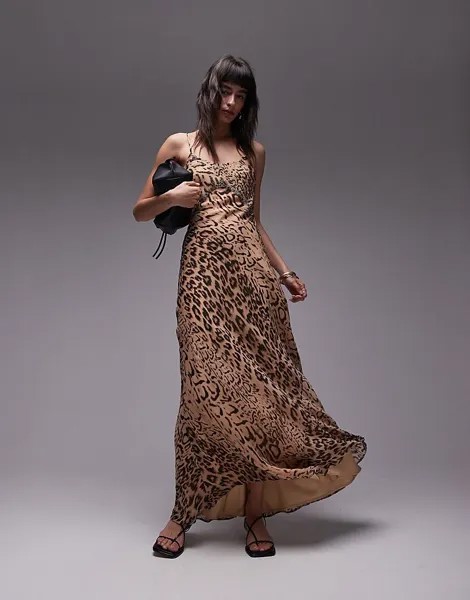 Topshop 2013 Коричневое платье макси с украшением и бретелями с анималистическим принтом