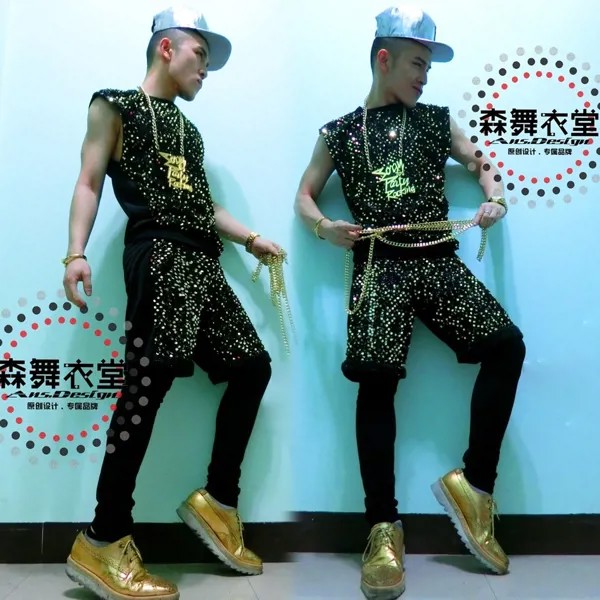 Барный и ночной клуб Мужской певец dj Quan Zhilong GD тот же абзац черный золотой блестящий космический хлопковый жилет костюм
