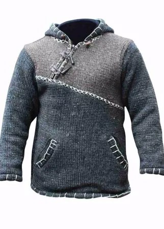 Мужской вязаный свитер контрастного цвета с капюшоном и карманом кенгуру