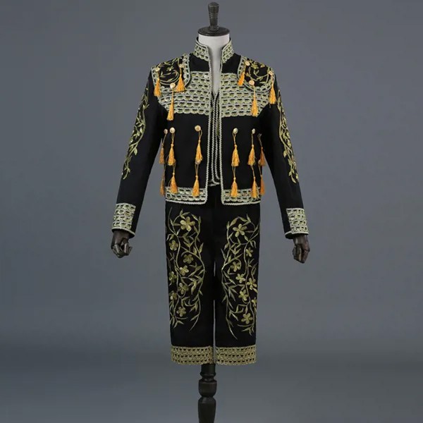Черный сценический костюм из 3 предметов с золотой вышивкой, кисточками и блестками (пиджак + брюки + жилет), мужской костюм для танцев и певиц, Блейзер, костюм матадора