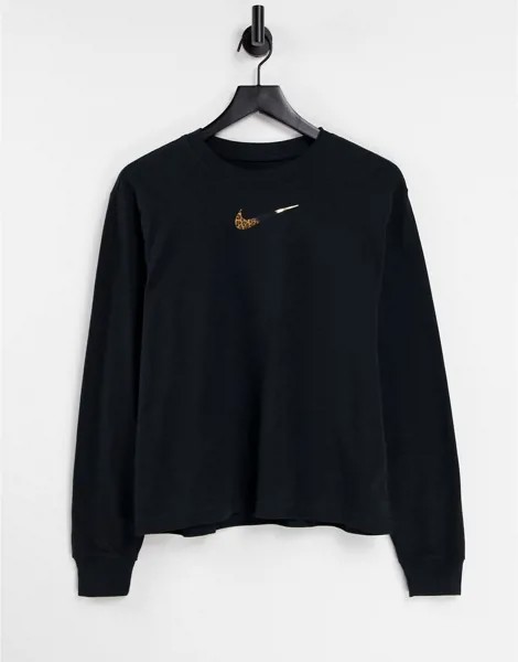 Свободный лонгслив черного цвета с леопардовым принтом Nike-Черный цвет