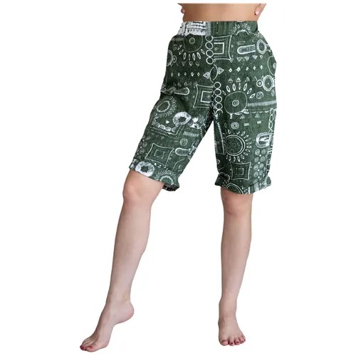 Женские шорты Бермуды Зеленый размер 52 Кулирка Лика Дресс рисунок орнамент пояс на резинке длина выше колена с карманами