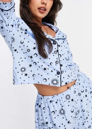 Пижамный комплект из рубашки и шортов голубого цвета с принтом звездного неба Wednesday's Girl-Голубой