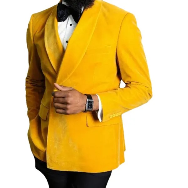 Костюм мужской из 2 предметов, желтый бархатный двубортный смокинг с черными брюками