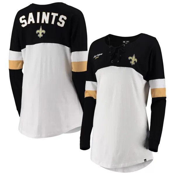 Женская белая/черная спортивная университетская футболка New Era с v-образным вырезом и длинными рукавами New Orleans Saints New Era
