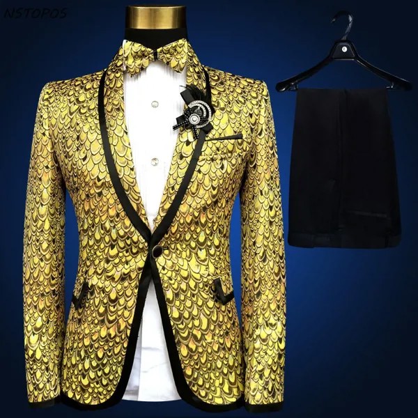 Мужской брючный костюм, золотистый, серебристый, синий, дизайнерский сценический смокинг, пальто и штаны, большие размеры 4xl 5xl 6xl