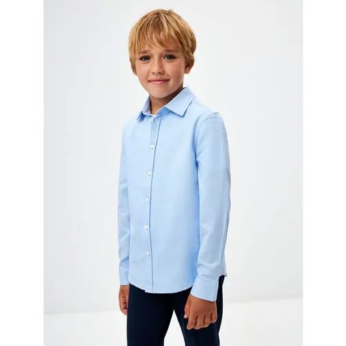 Школьная рубашка Sela, прямой силуэт, на пуговицах, длинный рукав, манжеты, однотонная, размер 140, голубой