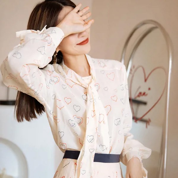 Блузка женская с длинным рукавом и бантом из шелка тутового шелкопряда, телесного и розового цветов, новинка весны 2022