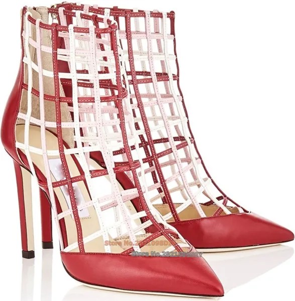 Ботинки женские на тонком высоком каблуке, красные короткие сапоги в клетку, с острым носком, кожа наппа, цвет розовая вода и мелки