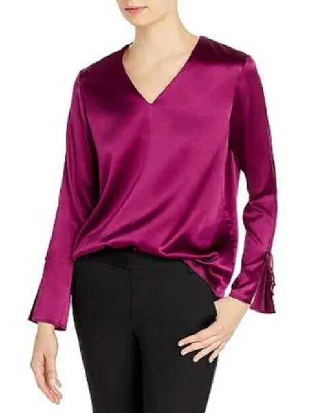 HUGO BOSS Фиолетовая шелковая атласная блузка Ialore с v-образным вырезом и завязками на манжетах и длинными рукавами 4US S