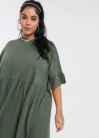 Свободное платье цвета хаки с рукавами-оборками ASOS DESIGN Curve-Зеленый