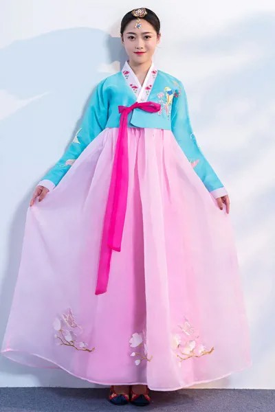 Новинка, традиционная корейская одежда, пушистое платье, Женский костюм для выступления в дворцовом стиле с вышивкой, разноцветный комплект из топа и юбки Hanbok