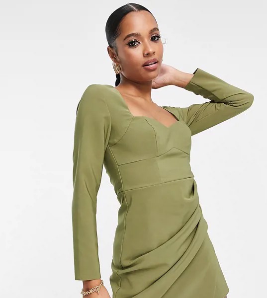 Платье мини светлого цвета хаки с вырезом сердечком, запахом на юбке и сборками ASOS DESIGN Petite-Зеленый цвет