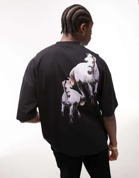 Черная футболка премиум-класса в стиле oversized с принтом лошади спереди и сзади Topman