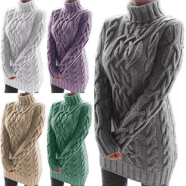 Осень Зима Thicken Свитер Платья для женщин Turtleneck Длинные рукава трикотажные ретро свитера Дамы Pullovers свитер