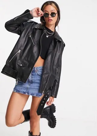 Черная кожаная байкерская куртка в стиле oversized ASOS DESIGN-Черный цвет
