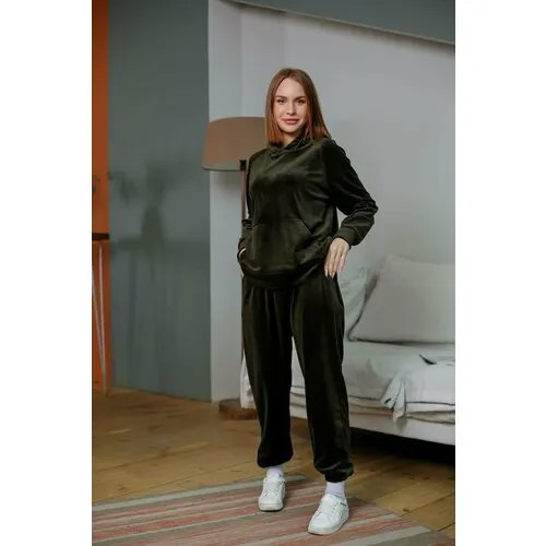 Костюм, свитшот и брюки, спортивный стиль, свободный силуэт, утепленный, размер M, хаки