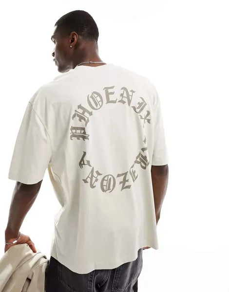Бежевая футболка оверсайз с текстовым принтом по кругу на спине ASOS