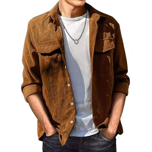 Мужские винтажные вельветовые рубашки на пуговицах повседневная куртка с длинным рукавом и рубашками с карманами с клапаном