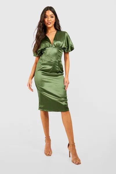 Атласное корсетное миди-платье Boohoo, оливковый