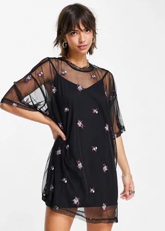 Платье-футболка «2 в 1» в стиле oversized с сетчатым верхним слоем с цветочной вышивкой ASOS DESIGN-Черный цвет