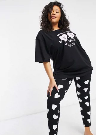Пижамный комплект из oversized-футболки и леггинсов черного цвета с принтом 