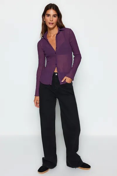 Сливовая прозрачная приталенная тканая рубашка со складками Trendyol, фиолетовый