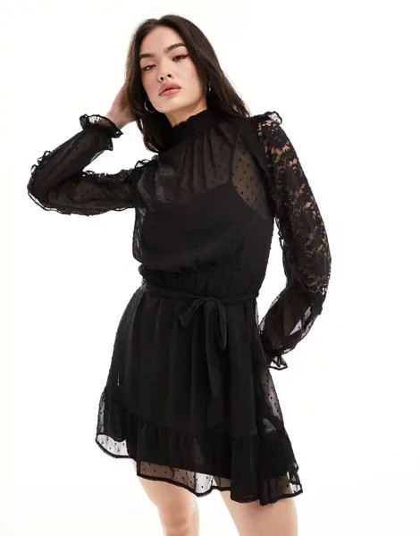 Черное шифоновое мини-платье с длинными рукавами и рюшами New Look