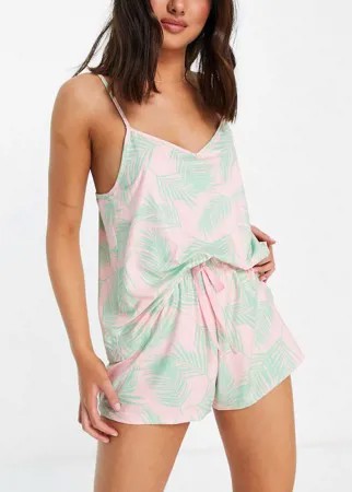 Пижамный комплект из майки на бретелях и шортов с розово-зеленым принтом пальмовых листьев Loungeable-Многоцветный