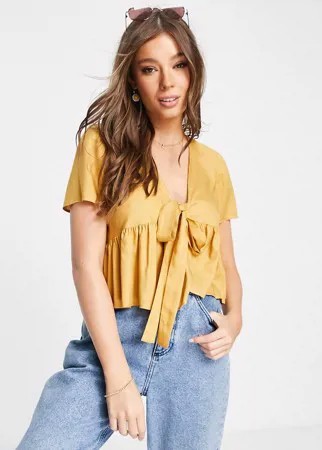 Блузка горчичного цвета с короткими рукавами и завязкой спереди ASOS DESIGN-Желтый