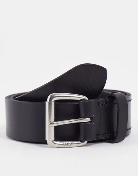 Черный кожаный ремень с серебристым фольгированным логотипом Polo Ralph Lauren-Черный цвет