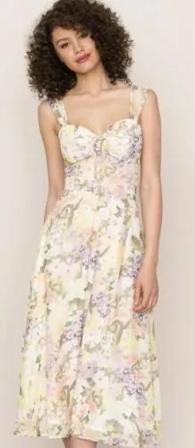 Yumi Kim Ariana Garden Светло-лимонное шифоновое платье с открытыми плечами с принтом, L 215 долларов США