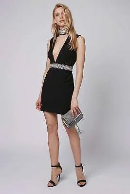 TOPSHOP Черное платье-чокер из эластичного крепа с V-образным вырезом и украшенным кристаллами 8
