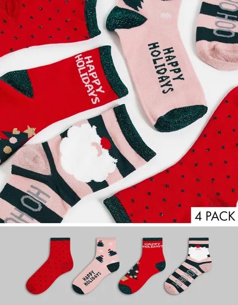 Набор из 4 пар новогодних носков красного и розового цвета Vero Moda-Разноцветный