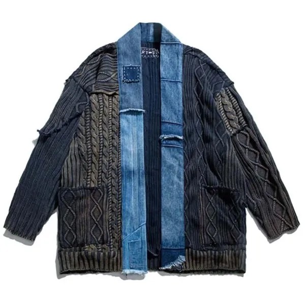 Винтажная джинсовая куртка с V-образным вырезом, Мужская Уличная одежда, модный витой свитер, вязаный кардиган, пальто, осенняя потертая куртка в стиле пэчворк