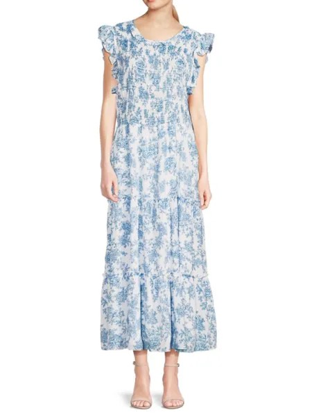 Многоярусное платье-миди с принтом Saks Fifth Avenue, цвет Blue White