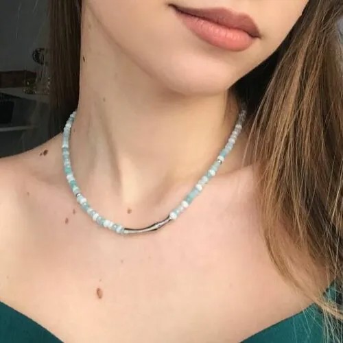 Чокер Ожерелье из акамарина, аквамарин, длина 37 см., серебряный, голубой