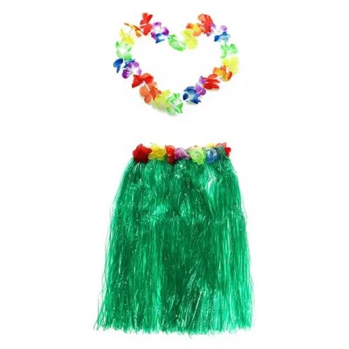 Гавайская юбка 60 см, зеленая, гавайское ожерелье 96 см