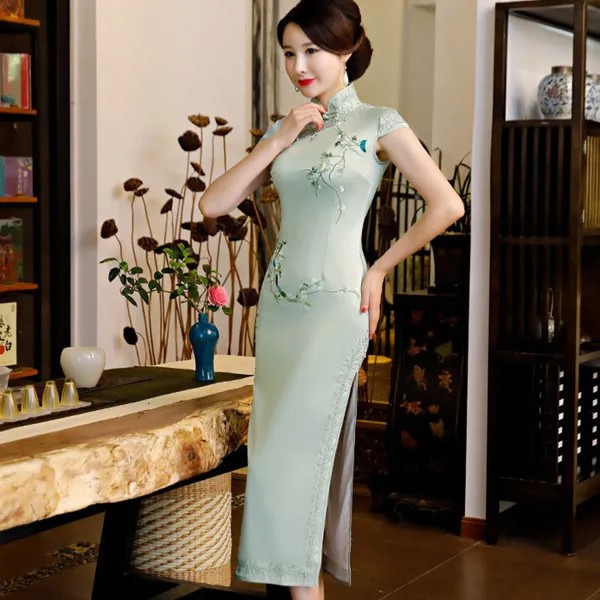 Классическое Сливовый цветок, вышитый длинный Чонсам платье, женское винтажное красное зеленое традиционное китайское вечернее платье
