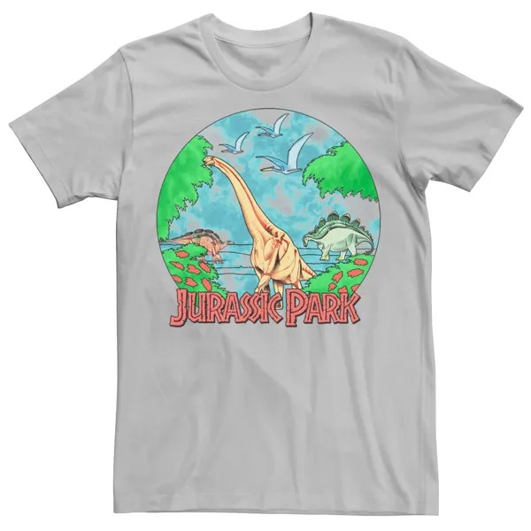 Мужская футболка с акварельной сценой в стиле ретро «Парк Юрского периода» и глобусом Licensed Character, серебристый
