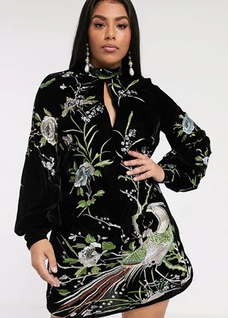 Бархатное платье мини А-силуэта с вышивкой и вырезом капелькой ASOS DESIGN Curve-Черный