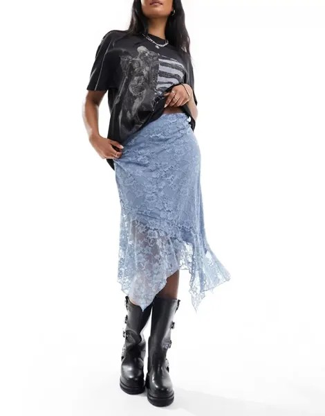 Темно-синяя кружевная асимметричная юбка миди длиной до колена Monki на подкладке