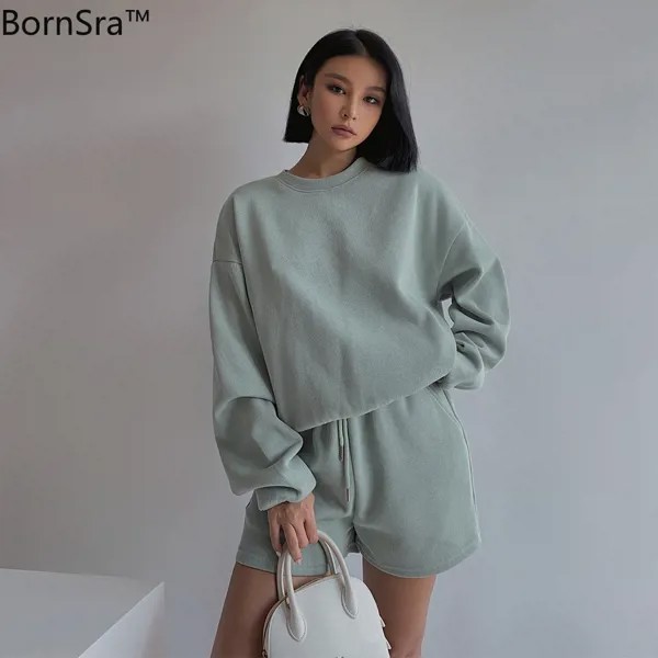 Женский спортивный костюм Bornsra, однотонный комплект из 2 предметов, Свитшот и спортивные шорты, осень 2021