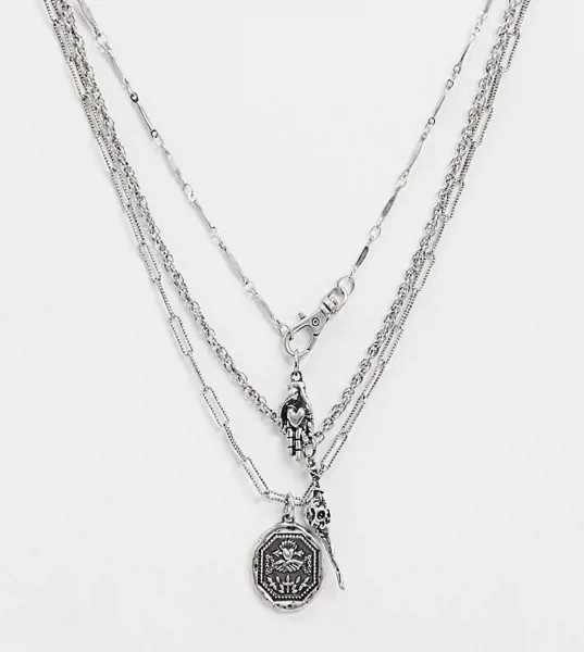 Серебристое ожерелье в несколько рядов с подвеской-черепом Reclaimed Vintage inspired-Серебряный